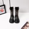 Children's Retro Brown Embroidered Chelsea Boots - Soft Sole Mid-Calf Denim Leather for Girls