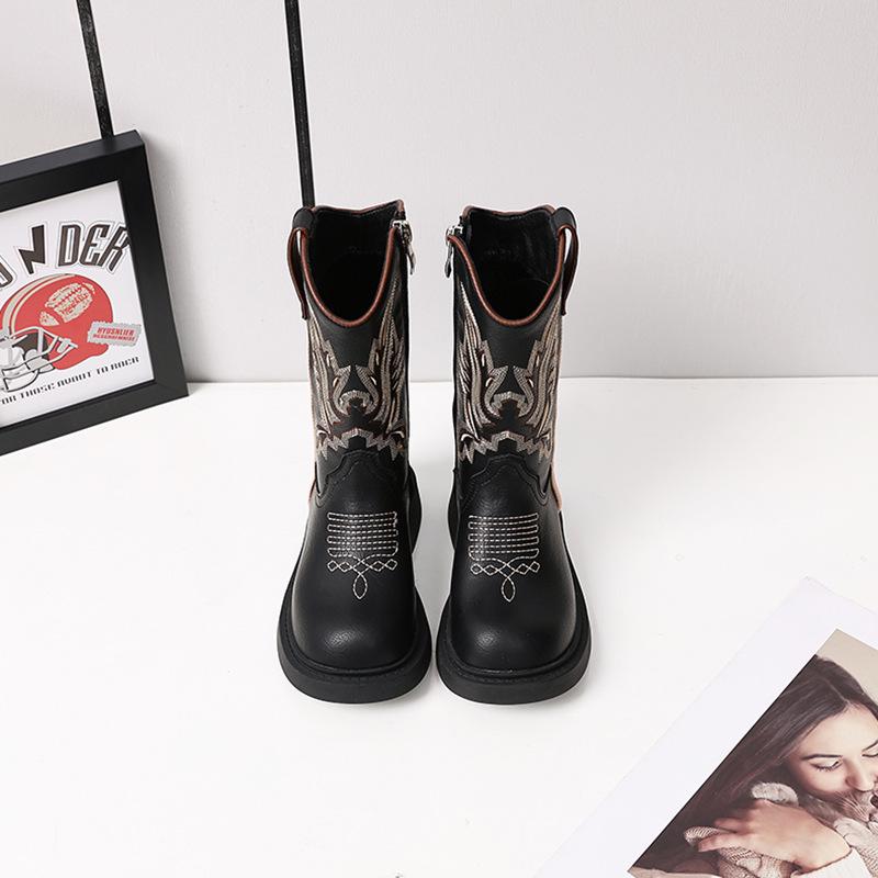 Children's Retro Brown Embroidered Chelsea Boots - Soft Sole Mid-Calf Denim Leather for Girls
