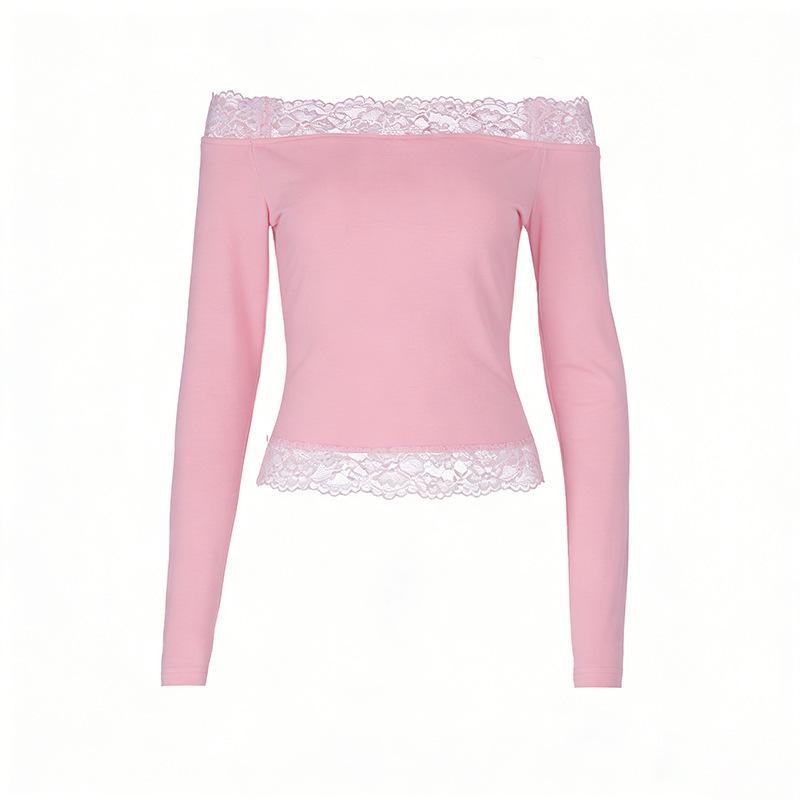 ins lace one-word shoulder pure desire top autumn and winter new Spice Girl long-sleeved European and American versatile top