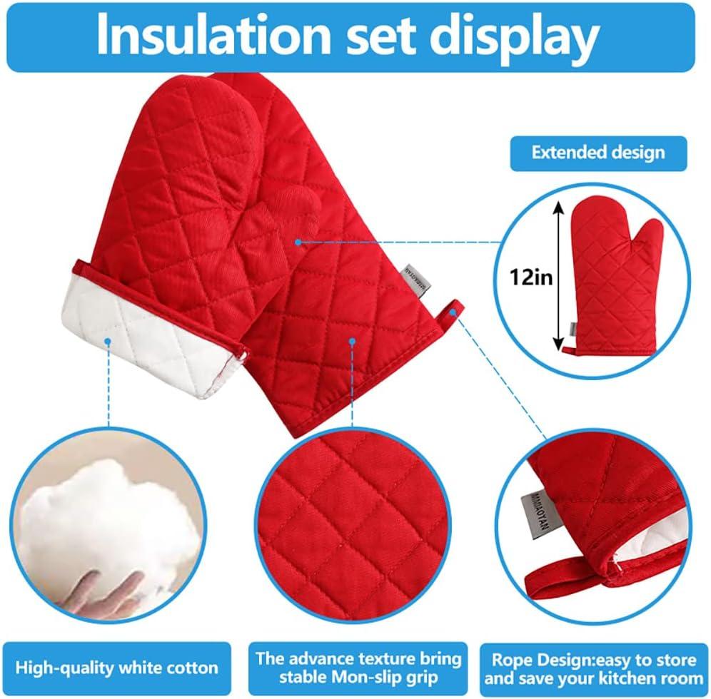 High temperature resistant 500 degree thickened lengthened kitchen cotton cooking gloves pot pad 4-piece set (12 inches, Red)