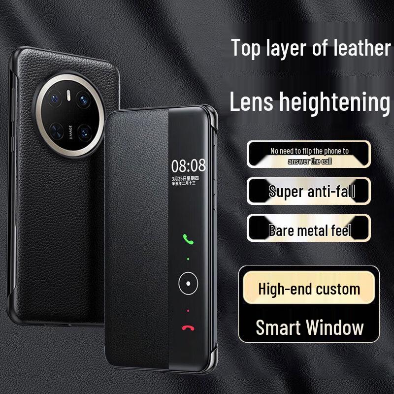 EDDGA Top Grain Leather Smart View Flip Phone Case for Huawei