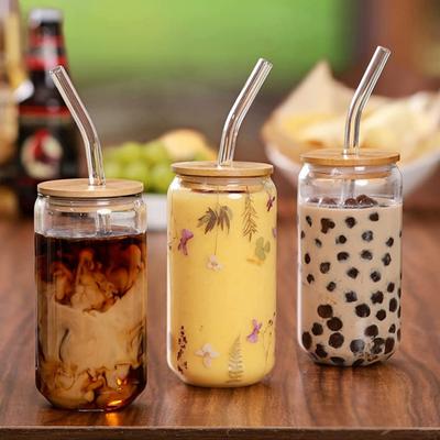 2Pcs Transparent Glass Cup With Lid and Straw Bubble Tea Cup Cola Juice Milk Mocha Coffee Cups Breakfast Mugs Cold Drinkware
