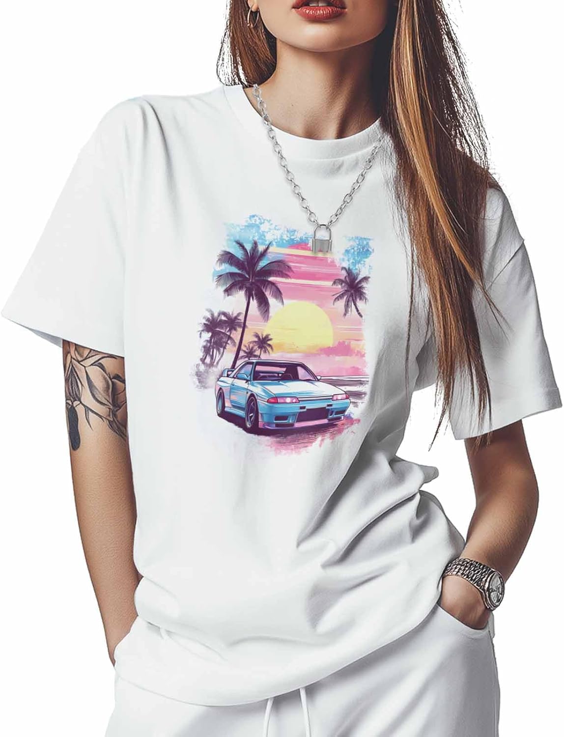 

T Shirts for Women Graphic Tees Summer Car Crew Neck Short Sleeve Shirts for Women Pink Sky Casual T-Shirt S разноцветный