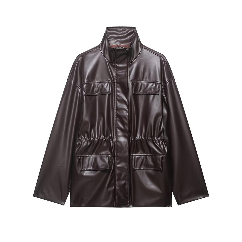 European and American French women's clothing is fashionable and versatile, multi-pocket design pu leather jacket set