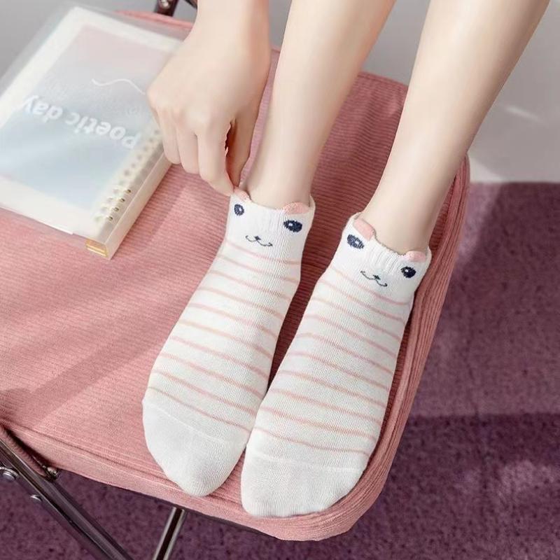 5 Pairs Womens Socks Kitty Crew Short Socks Creative Printing Socks Cartoon Cute Kitten Ankle Sock