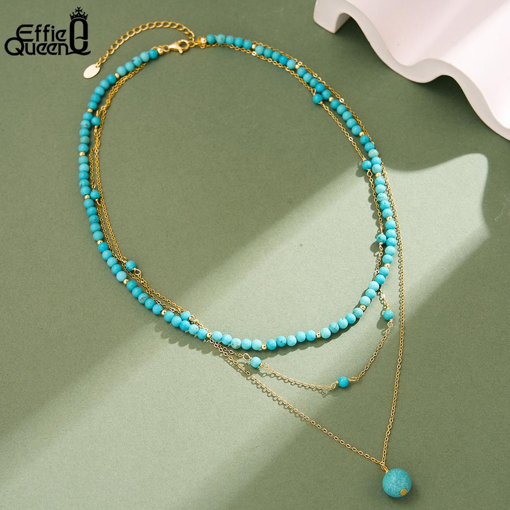 EFFIE QUEEN Trendy 925 Sterling Silver Layer Chain Necklace Turquoise Stone Pendant Choker Chain Daily Fine J ewelry Gift BQN33