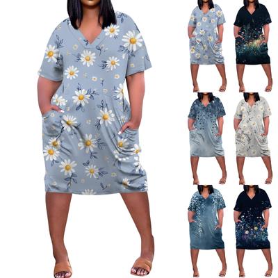 Summer Plus Size V Neck Short Sleeve Knee Pocket  Print Casual Dress For Women