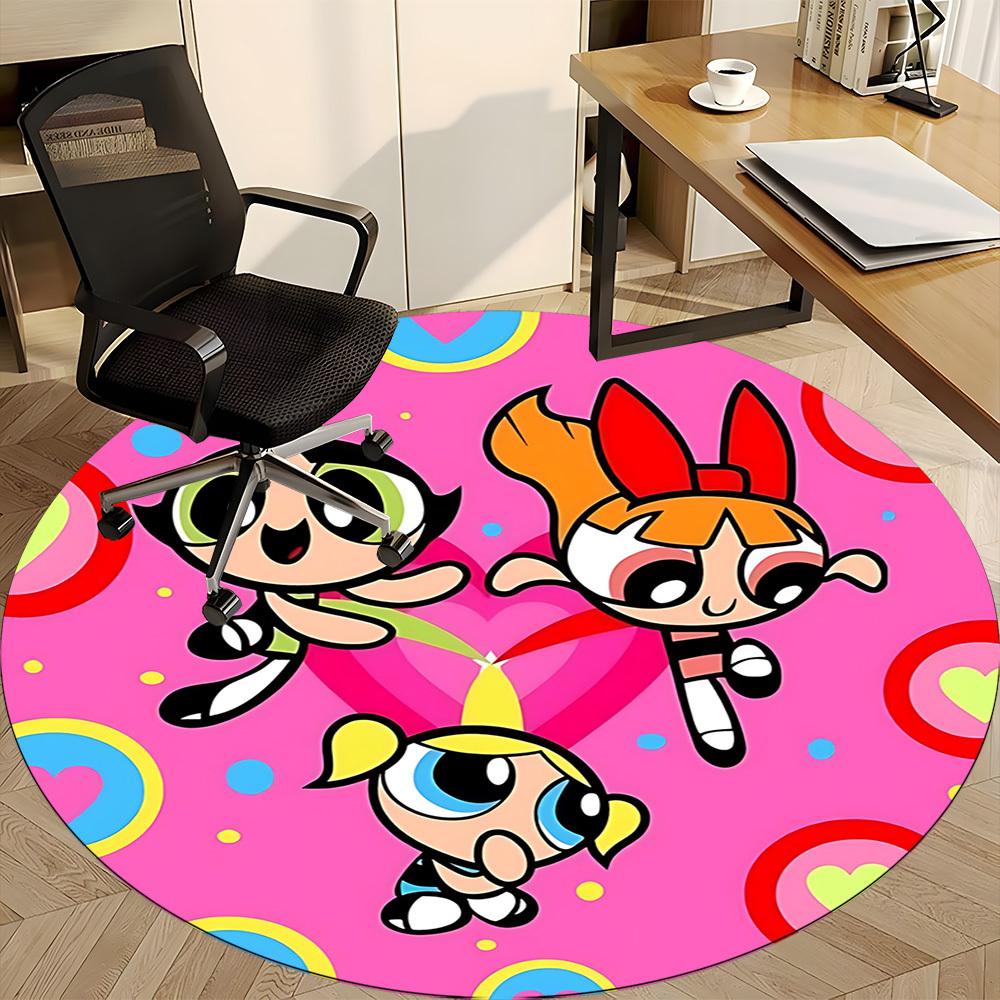 1pcPowerpuff Girls Office Round Area Rug, Indoor Mat Suitable For Office, Under Office Chairs Bedroom Living Room Home Decor, Room Deco