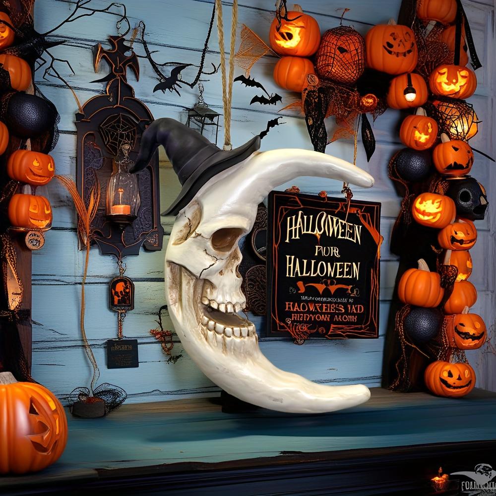 Halloween Skull Wizard Hat and Moon Resin Ornament Set - Horror Party Haunted House Escape Room Themed Cafe Decoration