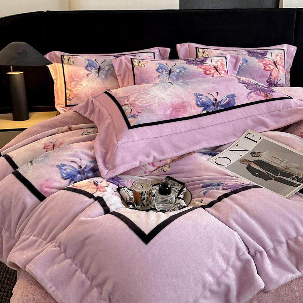 G5Z Französisches Retro Luxus Warmes Koralle Bettwäscheset - 4 Teile (Doppelseitige Bettwäsche & Bettbezug)