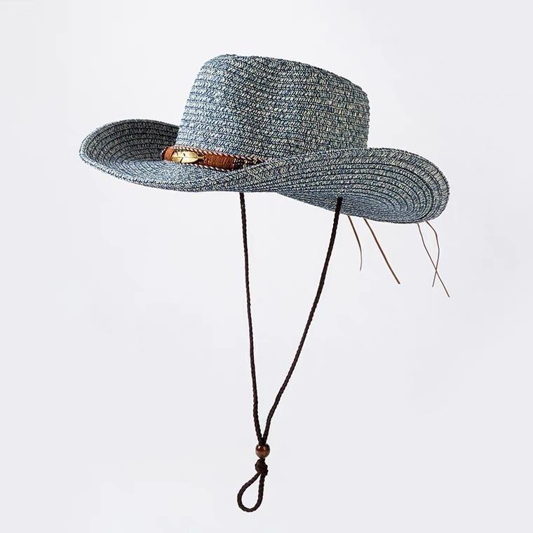 Men Women Outdoor Wide Brim Straw Panama Sun Hats Cowgirl Western Cowboy Fishing Hat with Feather Belt Summer Beach