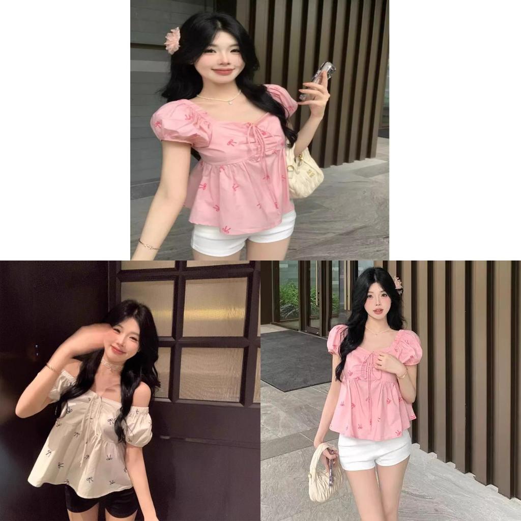 Princess Style Printed Blouse With Puff Sleeves For Summer Casual Wear