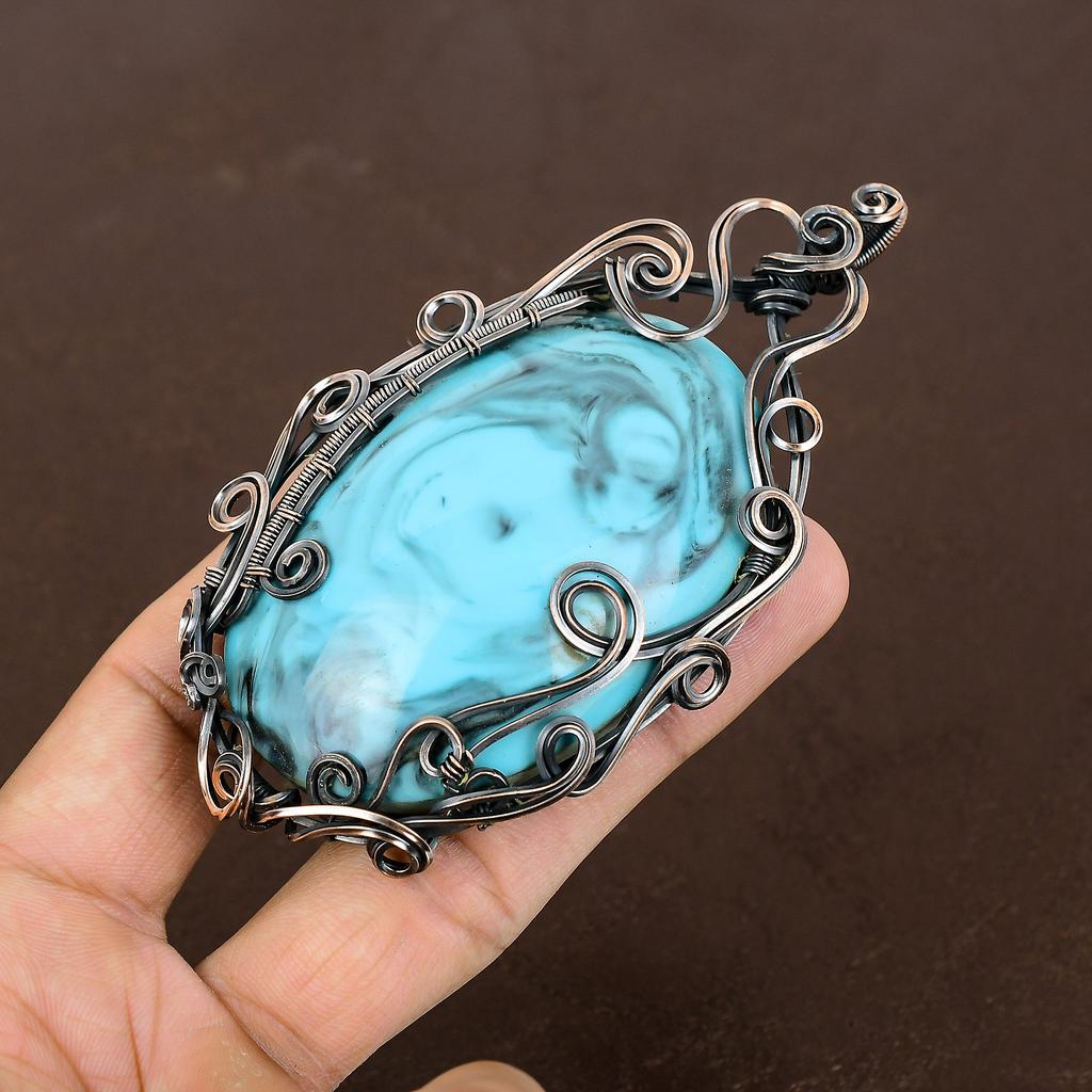 Pandantiv din sârmă de cupru lucrat manual cu piatră prețioasă turcoaz naturală 4,13" g8v08