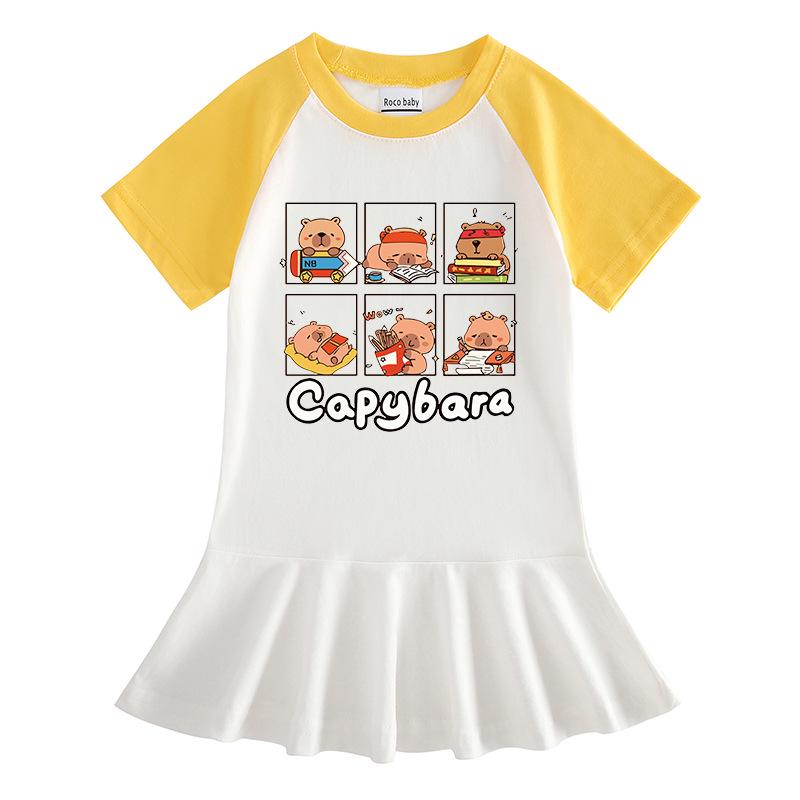 Girls' Summer Cartoon Pleated Ruffle Dress with Raglan Short Sleeves