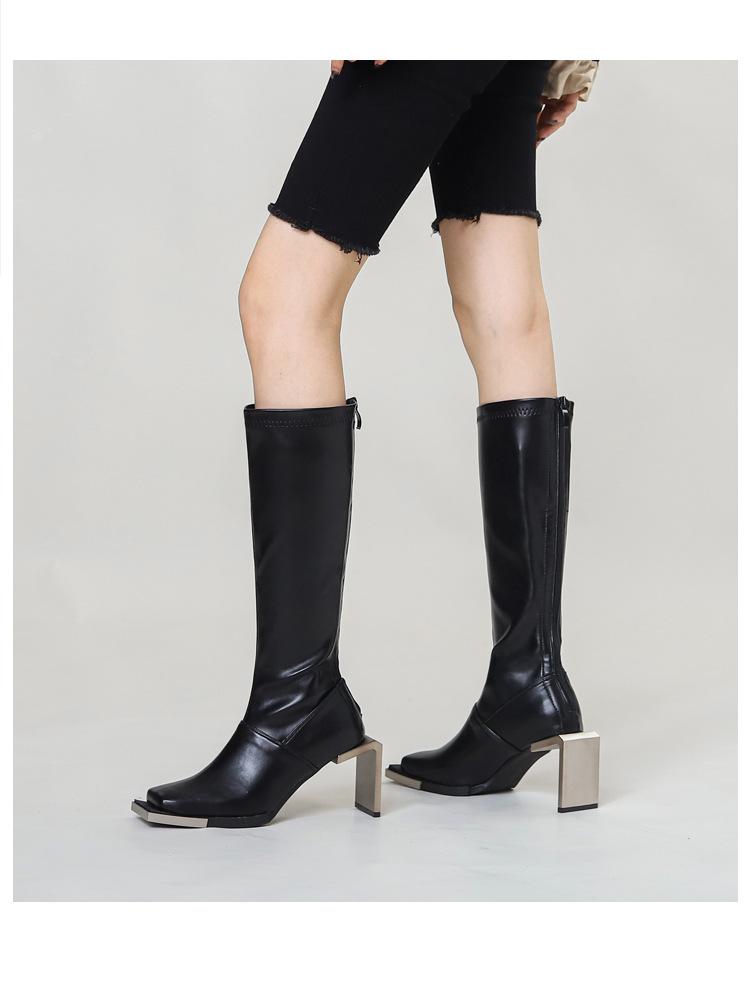 Fashion Metal Decor High Heel Platform Boots Slim All-Match Women Short Boots knee boots Leather Mid Tube Boots Retro fashion