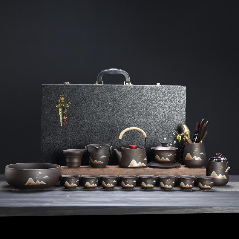 Purple sand Kung Fu tea set, tea wash six gentlemen distant mountain lifting beam pot, teapot cover bowl business gift tea set