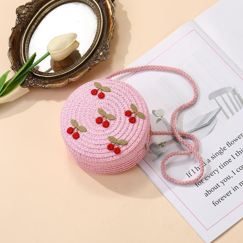 Children Foldable Woven Straw Bag Summer Girl Shoulder Bags Red Cherries Kids Handbags Beach Travel Crossbody Bags Small Wallets