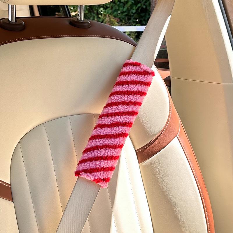 Plush Car Seat Belt Shoulder Cover Cute Striped Car Seat Belt Protective Cover Anti-Strangle Shoulder Cover