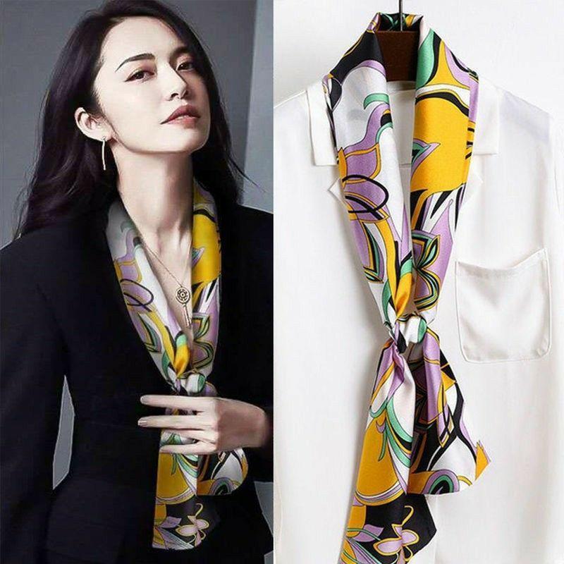 Luxury Silk Long Scarf Women Bag Handle Ribbon Ladies Plaid Print Headband Small Hair Scarves Band Female Handkerchief
