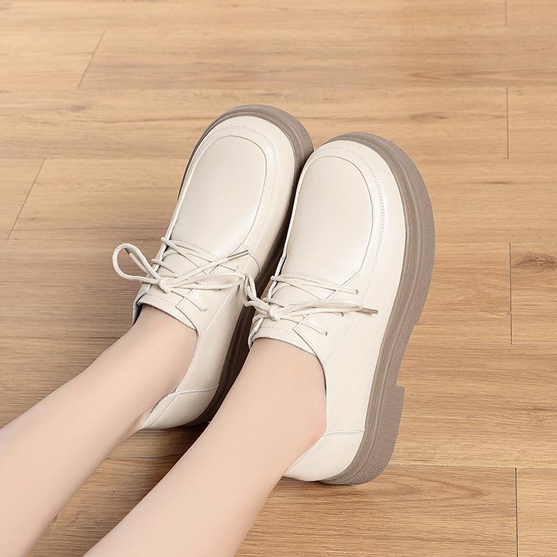 Lace-up leather shoes for women's spring and autumn, women's shoes with soft leather and soft soles, casual and comfortable flat-soled single shoes