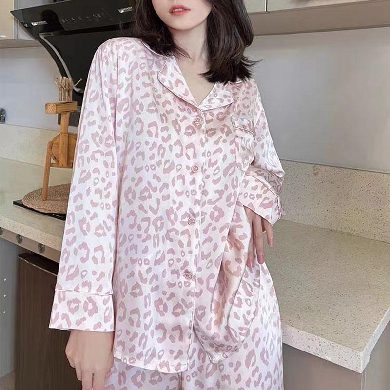 2Pcs/set Women's Simulation Silk Pajamas Autumn and Winter Long Sleeve Long Pants Student Homewear Suit Leopard Print Temperamen