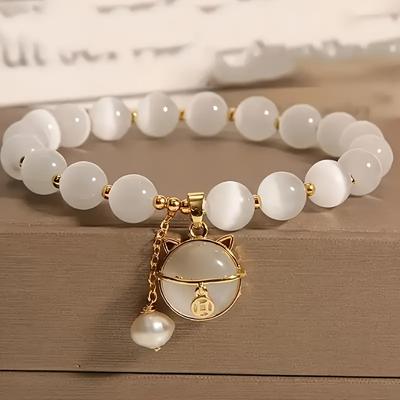 Elegant White Crystal Cat Pendant Beaded Bracelet for Women Sweet Beaded Chain Bracelet Jewelry Gifts