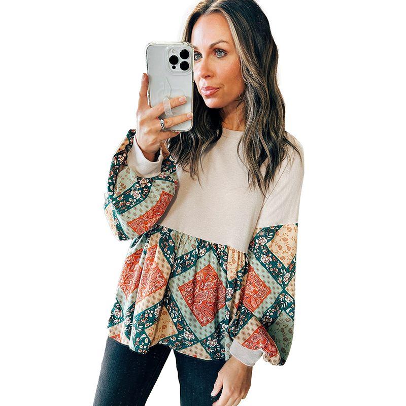 

American Shiying Winter New Arrival Geometric Printed Crew Neck Sweatshirt Female 2025 Retro Contrast Color Long Sleeves Tops Female Apricot XL code fits (70.00 kg-75.00 kg