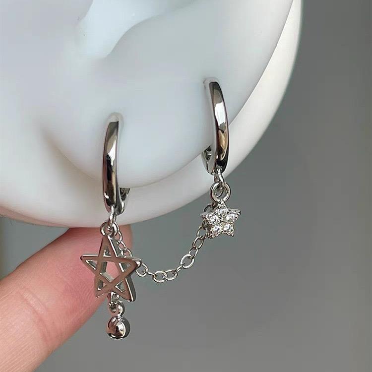 1PCS Silver Color Star Chain Double Ear Hole Stainless Steel Ear Bone Nail Y2K Fashion Hottie Earrings for Women Jewelry
