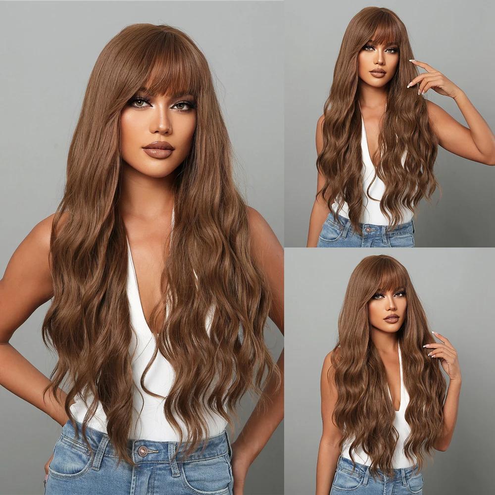 ALAN EATON Brown Highlight Long Wave Wigs for Women Synthetic Wig with Bangs Ombre Mixed Color Natural Looking Hair for Daily