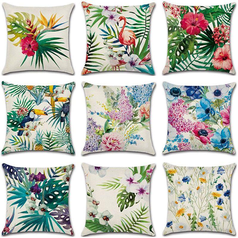 Green 18 Tropical Plant Pillow Case Cotton Linen Sofa Cushion Decorative Cover