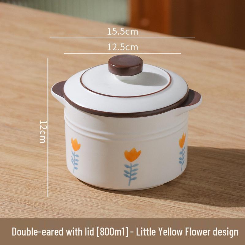 Double-Eared Insulated Ceramic Stewing Pot with Lid for Soups and Egg Custard