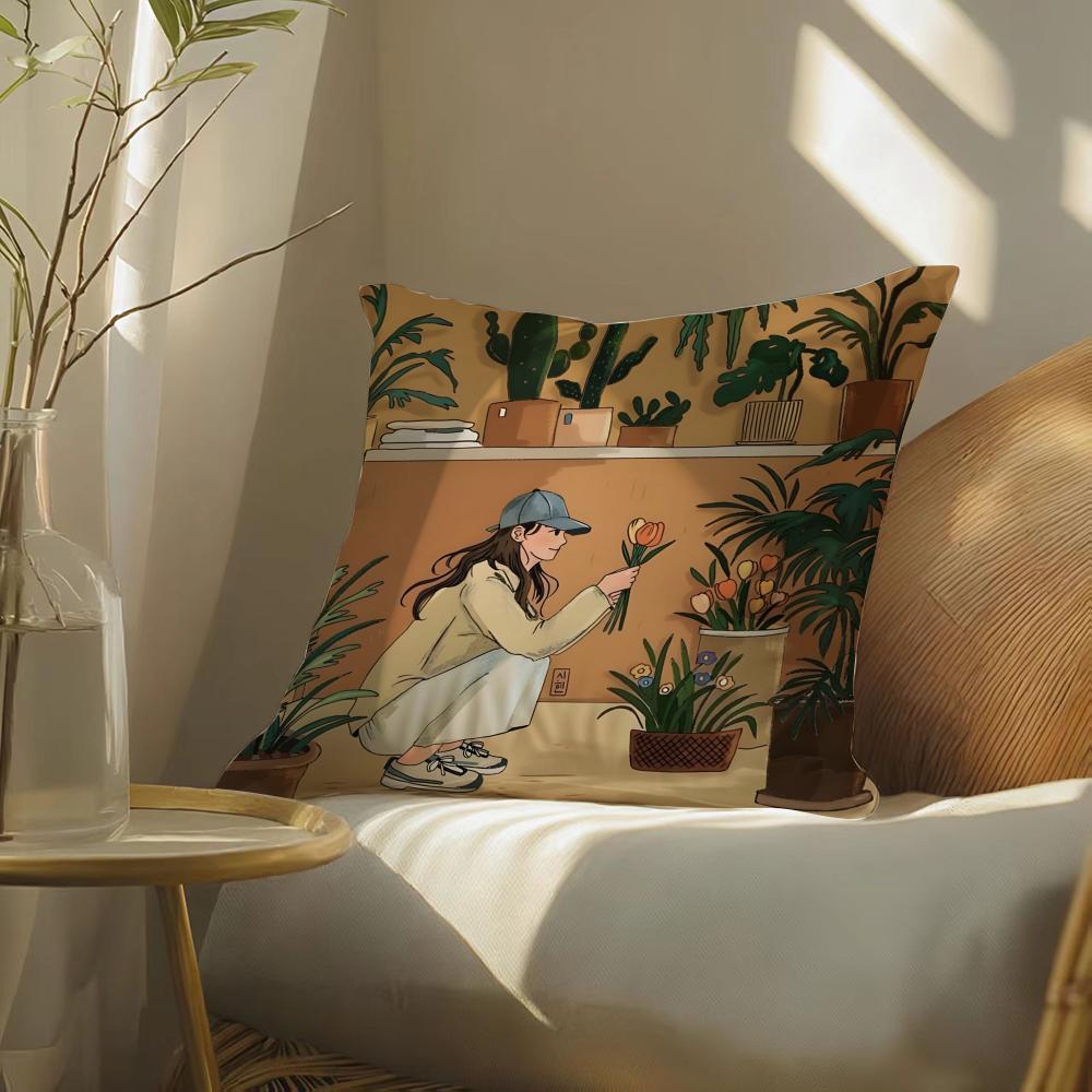 Elegant Simple Flower-Growing Girl Pillow Case Pattern Printed Pillowcase For Living Room Sofa Cushion Cover & Bedroom Decor
