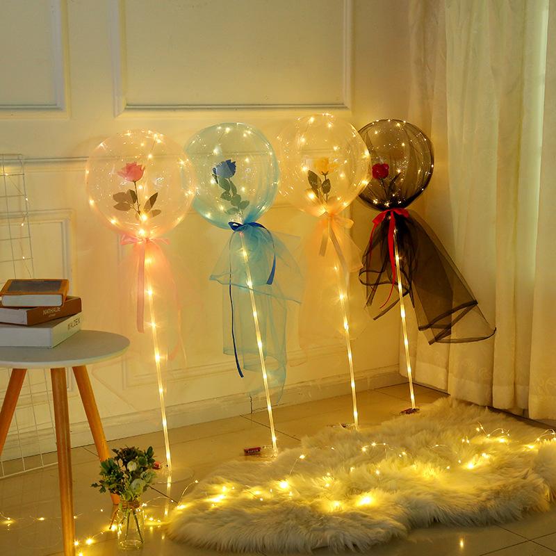 LED Luminous Balloon Rose Bouquet Transparent Bobo Ball Rose Valentines Day Gift Birthday Party Wedding Decoration Balloons