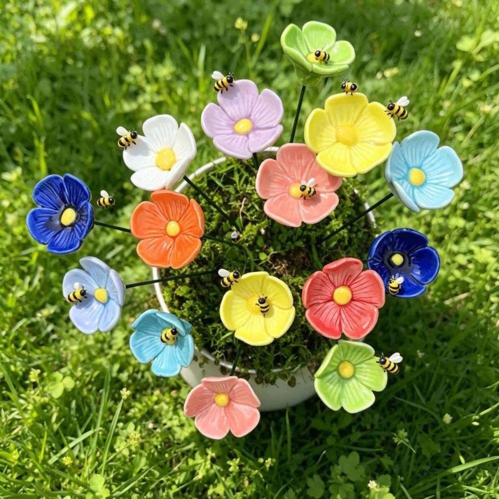 3pcs Colorful Bee Butterfly Water Dispenser Ceramic Bee Watering Station Artificial Flower Office