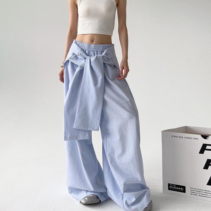 Fashionable Blue Striped High-Waisted Wide-Leg Pants with Lace-Up Waist, Perfect for Spring and Autumn, Available Now