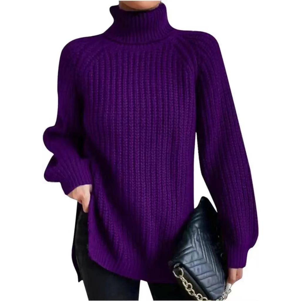 Autumn/Winter Soft Knitwear Fashion Raglan Long Sleeve Turtleneck Split Sweater Casual Warm Solid Mid-length Pullover