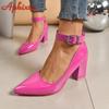 Fashion Aphixta Crystals Buckle Pimp Strap Patent Leather 7cm Chunky Heels Official Pumps 2cm Belt Buckle Pointed Toe Women Shoes