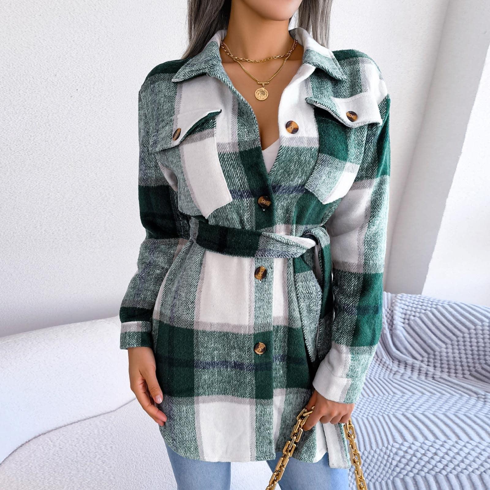 

Женская повседневная твидовая куртка с цветными блоками в клетку с длинными рукавами и завязками XL зелёный