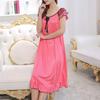 Satin Pajama Dress Women Lounge O-Neck Lace-up Short Sleeve Thin Sleeping Dress Ruffle Hem Summer Nightdress