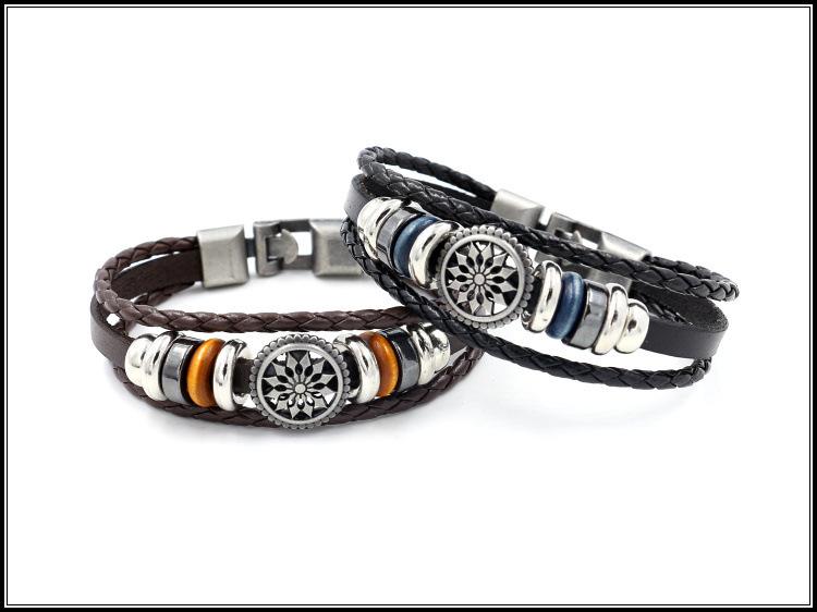 Vintage Men Bead's Leather Bracelet Handmade Leather Cuff Bracelet Punk Style Leather Wrap Wristband for Men