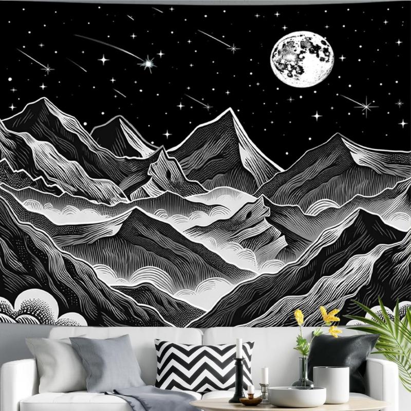 Black and White Tapestry Starry Night Mountain Tapestries for Bedroom Aesthetic Moon and Stars Tapastrys Wall Hanging Dark 74x94cm(29x37in)