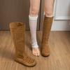 White Retro Inner Heightening Hollow Flat-soled Boots Women's 2025 New Autumn Thin Maillard Long Shoes