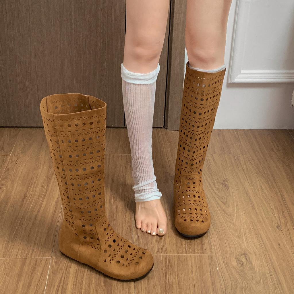 White retro inner heightening hollow flat-soled boots women's 2025 new autumn thin Maillard long shoes