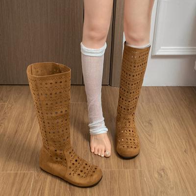 White Retro Inner Heightening Hollow Flat-soled Boots Women's 2025 New Autumn Thin Maillard Long Shoes