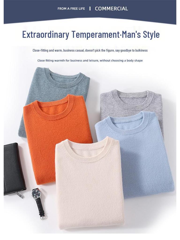 Men's 100% Pure Wool Cashmere Crew Neck Sweater for Autumn and Winter