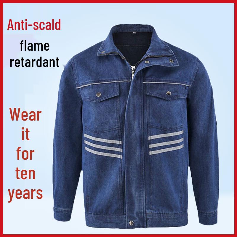 Men's Flame Retardant Denim Workwear Set for Spring and Autumn – Anti-Scald Protection for Electric Welders