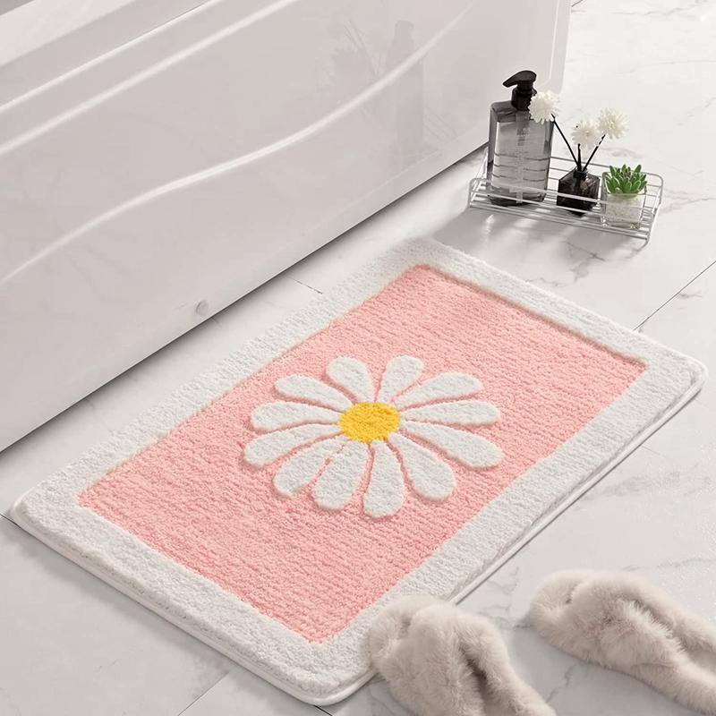 Inyahome Daisy Flower Bath Rugs Fluffy Soft Fiber Mat Non Slip Bathmat Plush Bathroom Rug for Bathroom Shower Room Floor Carpets