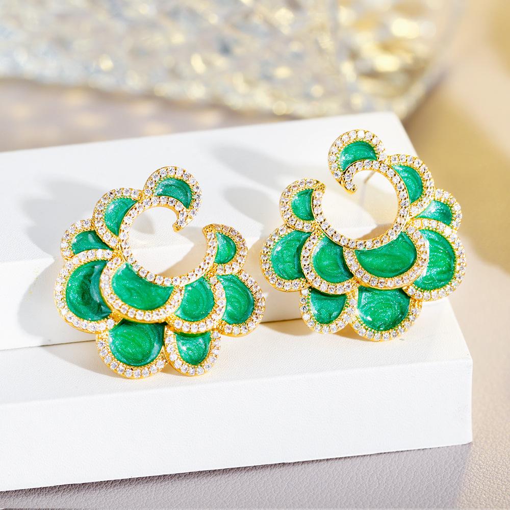 

Needle Light Luxury Trend Jewelry Creative Painted Three-Dimensional Flower Earrings Micro-Inlaid Zircon Peacock Tail Earrings