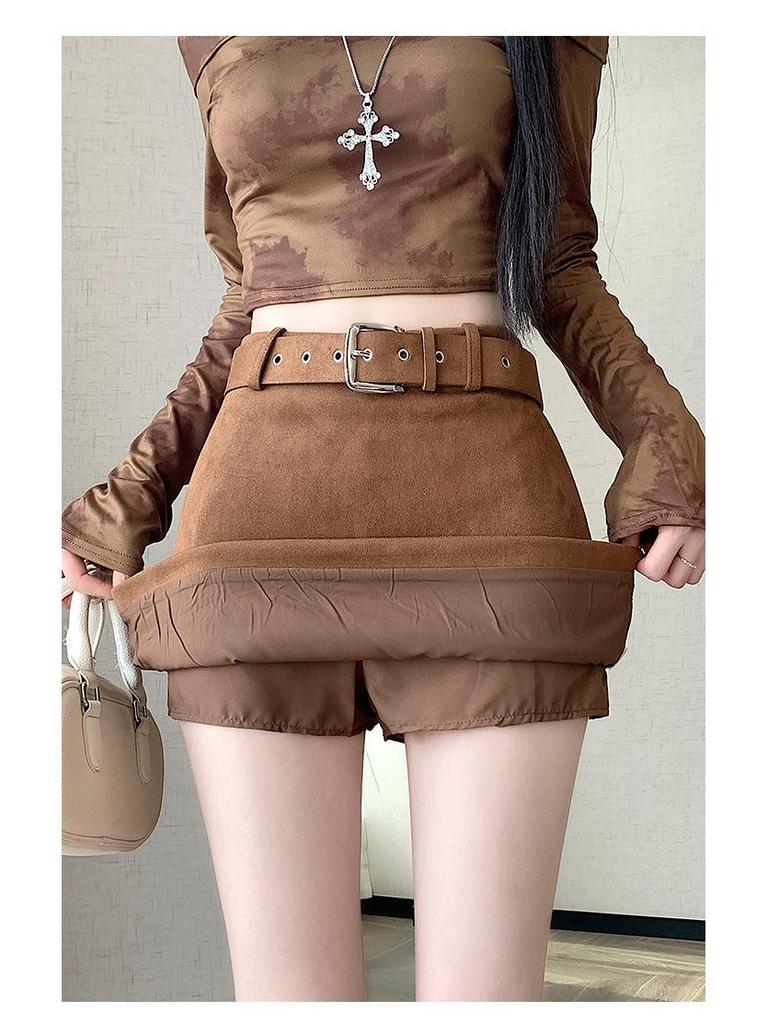 Women's Retro High-Waist Brown Suede A-line Mini Skirt - Spring/Autumn