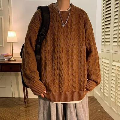 Men's Loose Sweater Autumn and Winter New Twist Round Neck Sweater Solid Color Casual Sweater Pullover Top Men